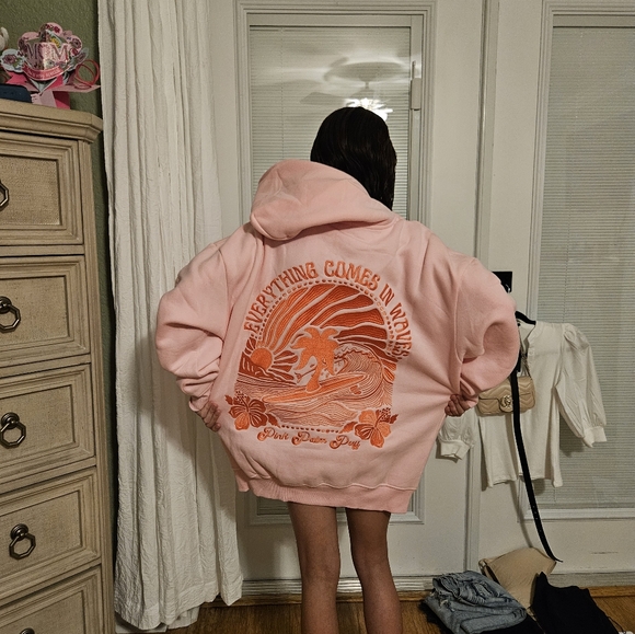 Pink palm puffy hoodie, everything comes in waves, size large, pink - Picture 2 of 3